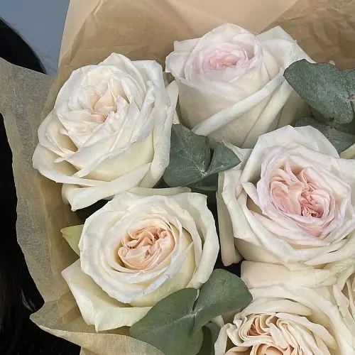 Букет пионовидных роз White O'Hara и эвкалипта S