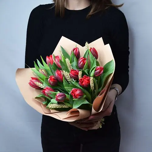 Букет из 25 красных пионовидных тюльпанов с колосками