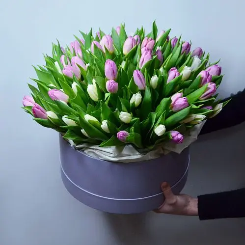 Букет из 101 тюльпана в шляпной коробке