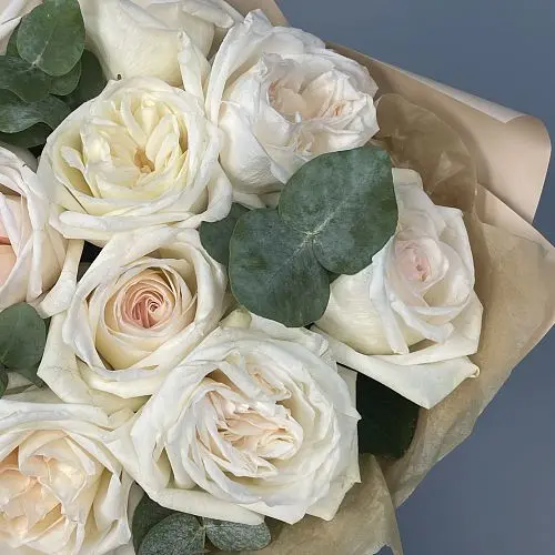 Букет пионовидных роз White O'Hara и эвкалипта XS