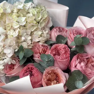 Дуо-букет пионовидных роз Pink Expression и гортензий M