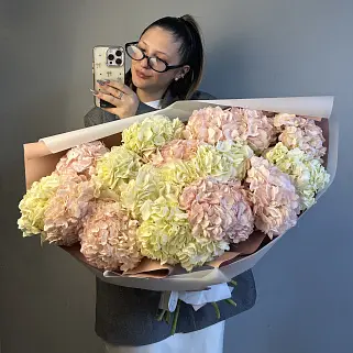 Букет из 15 розовых и белых гортензий