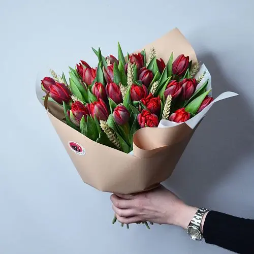 Букет из 15 красных пионовидных тюльпанов с колосками