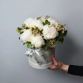 Букет в шляпной коробке из 7 белых пионов и ваксфлауэра
