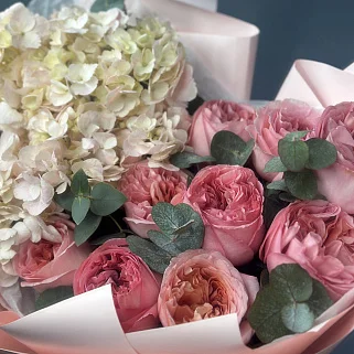Дуо-букет пионовидных роз Pink Expression и гортензий M