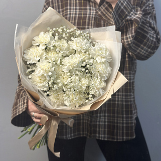 Букет из 19 белых гвоздик и гипсофилы